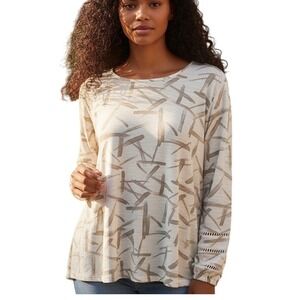 Chico's Size 2‎ Beige Tan Brushstroke Print Long Sleeve Tunic Top Shirt